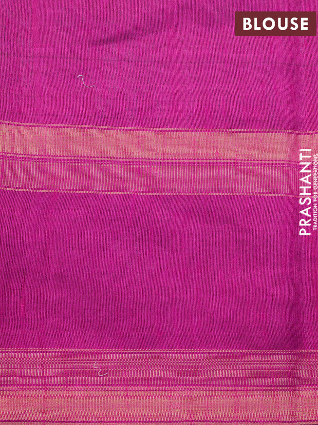 Dupion silk saree grey and megenta pink with plain body and temple design rettapet zari woven butta border