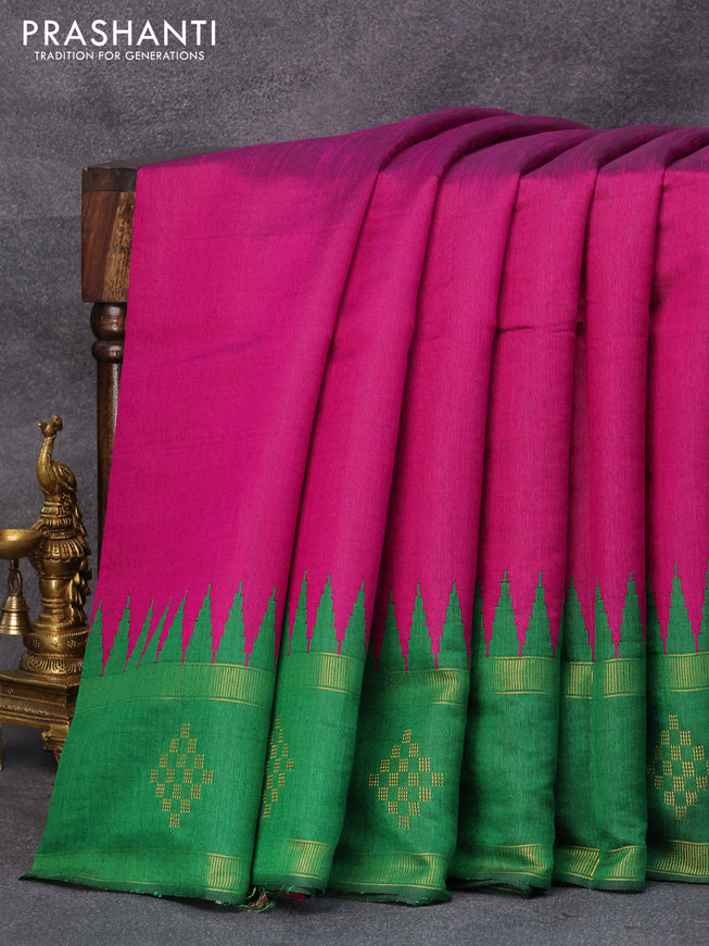 Dupion silk saree magenta pink and green with plain body and temple design rettapet zari woven butta border