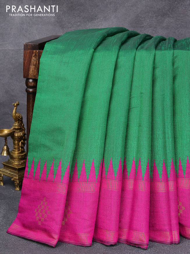 Dupion silk saree green and megenta pink with plain body and temple design rettapet zari woven butta border