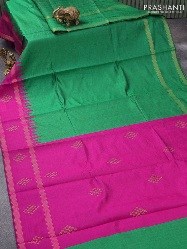 Dupion silk saree green and megenta pink with plain body and temple design rettapet zari woven butta border