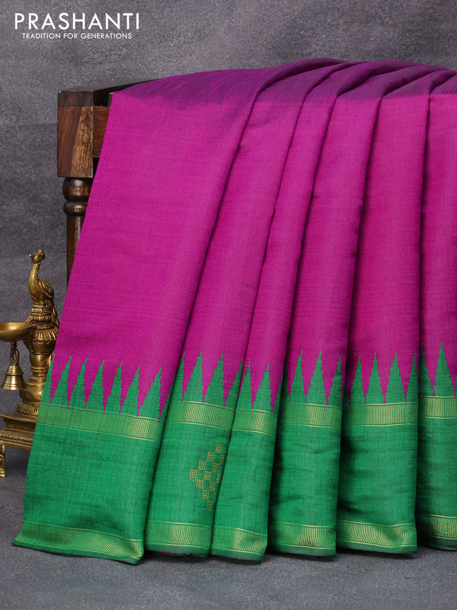 Dupion silk saree purple and green with plain body and temple design rettapet zari woven butta border
