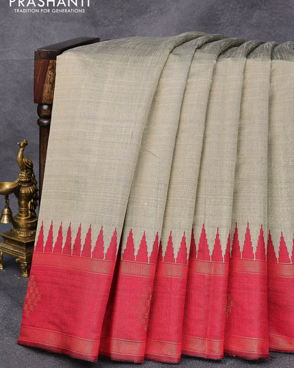 Dupion silk saree grey shade and maroon with plain body and temple design rettapet zari woven butta border