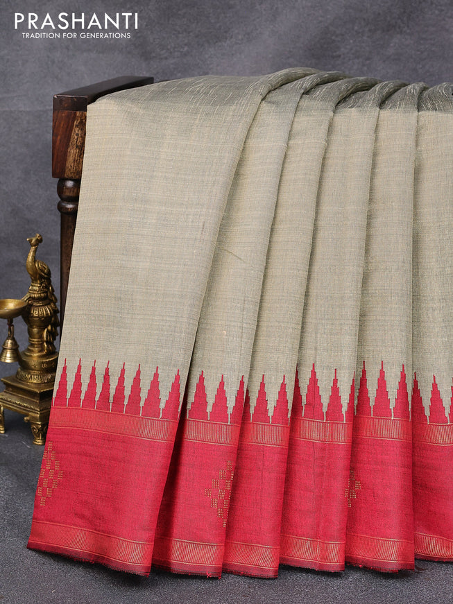 Dupion silk saree grey shade and maroon with plain body and temple design rettapet zari woven butta border