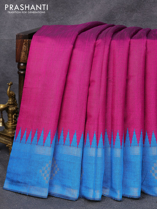 Dupion silk saree magenta pink and cs blue with plain body and temple design rettapet zari woven butta border