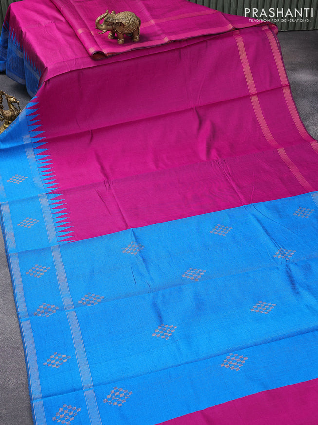Dupion silk saree magenta pink and cs blue with plain body and temple design rettapet zari woven butta border