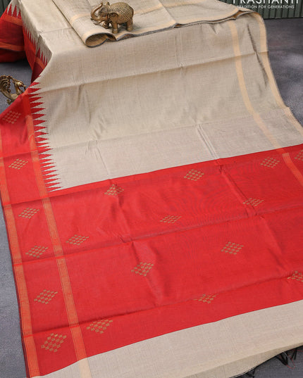 Dupion silk saree chikku shade and maroon with plain body and temple design rettapet zari woven butta border