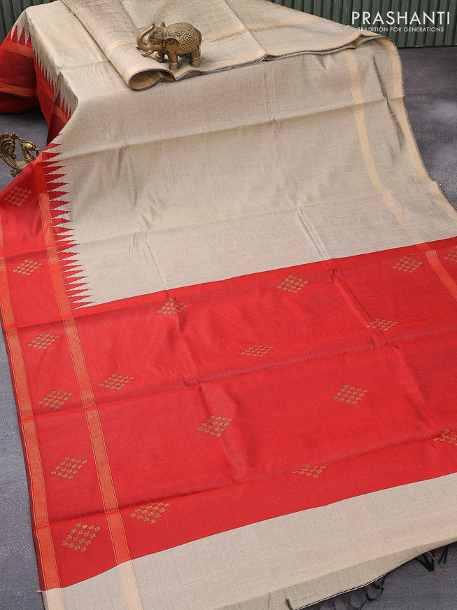 Dupion silk saree chikku shade and maroon with plain body and temple design rettapet zari woven butta border