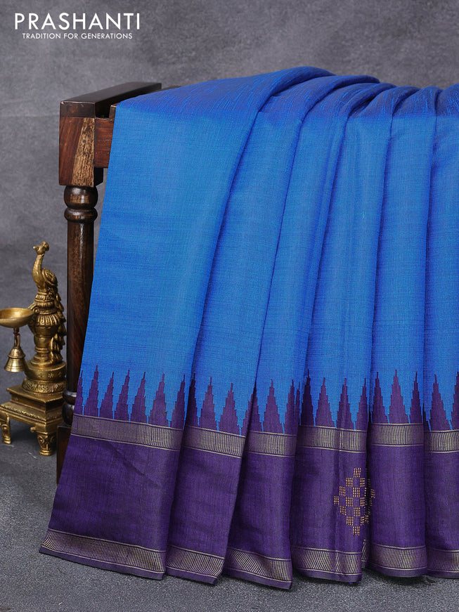 Dupion silk saree cs blue and navy blue with plain body and temple design rettapet zari woven butta border