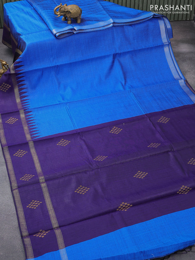 Dupion silk saree cs blue and navy blue with plain body and temple design rettapet zari woven butta border