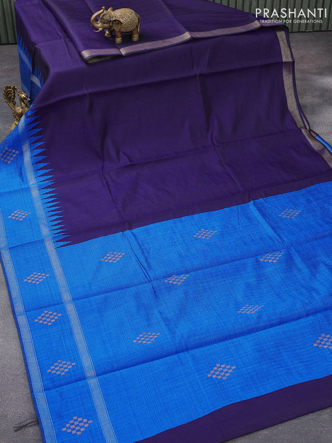 Dupion silk saree navy blue and cs blue with plain body and temple design rettapet zari woven butta border