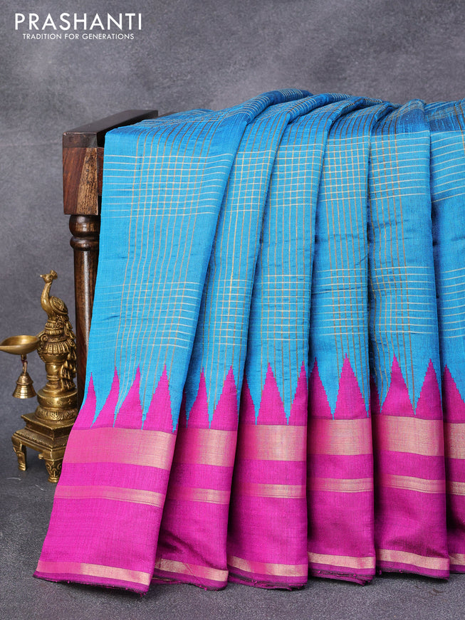 Dupion silk saree cs blue and magenta pink with allover zari weaves and temple design zari woven border