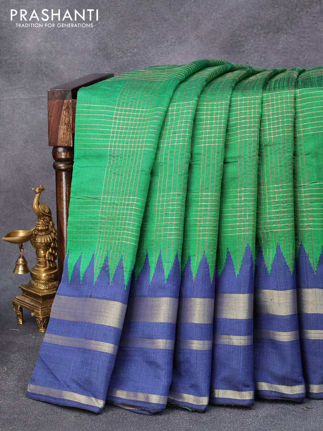 Dupion silk saree green and blue with allover zari weaves and temple design zari woven border
