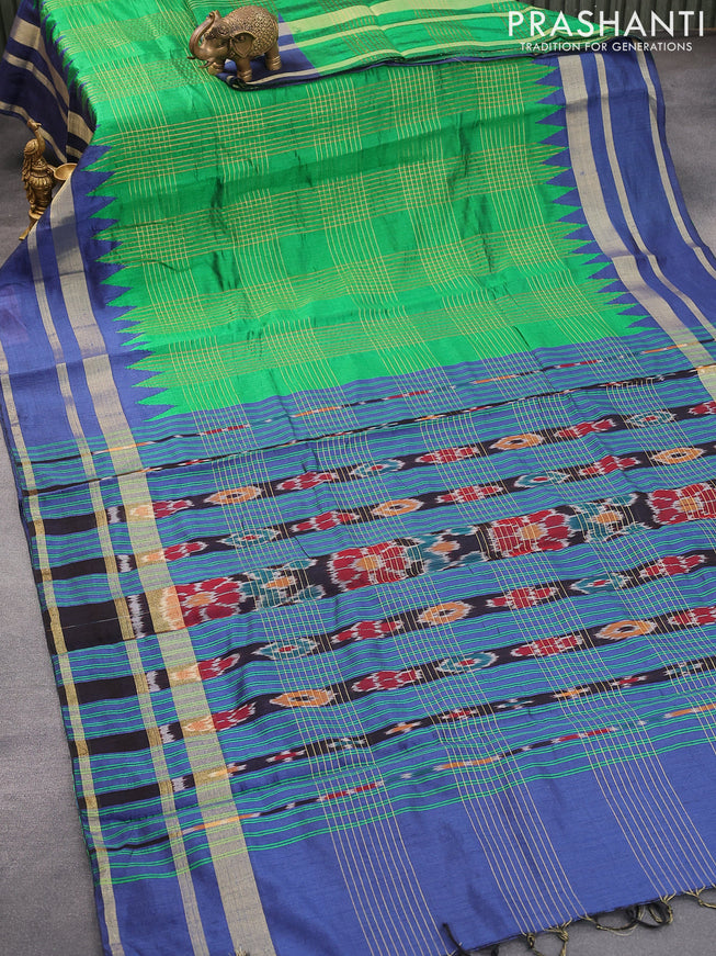 Dupion silk saree green and blue with allover zari weaves and temple design zari woven border