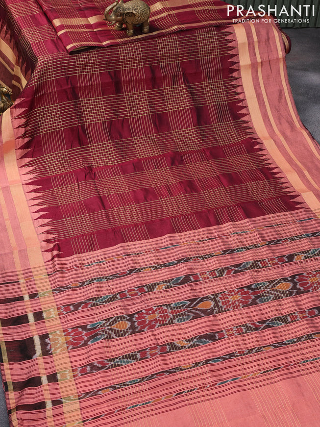 Dupion silk saree maroon and peach shade with allover zari weaves and temple design zari woven border