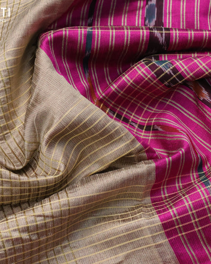 Dupion silk saree beige and magenta pink with allover zari weaves and temple design zari woven border