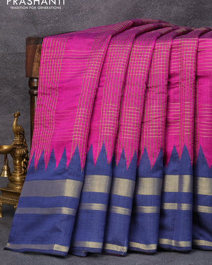 Dupion silk saree magenta pink and blue with allover zari weaves and temple design zari woven border