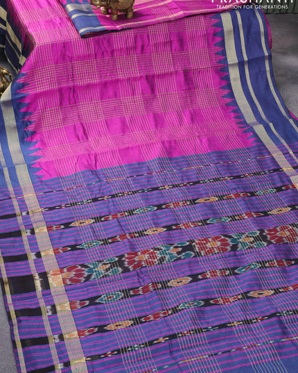 Dupion silk saree magenta pink and blue with allover zari weaves and temple design zari woven border