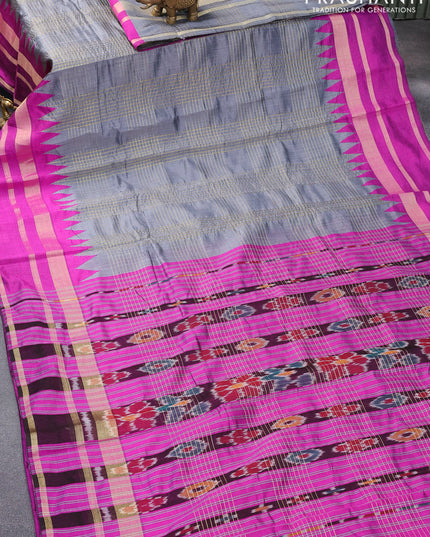 Dupion silk saree grey and magenta pink with allover zari weaves and temple design zari woven border