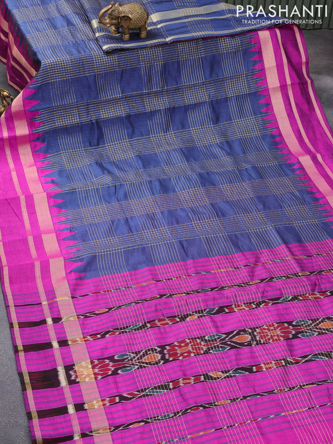 Dupion silk saree blue and magenta pink with allover zari weaves and temple design zari woven border