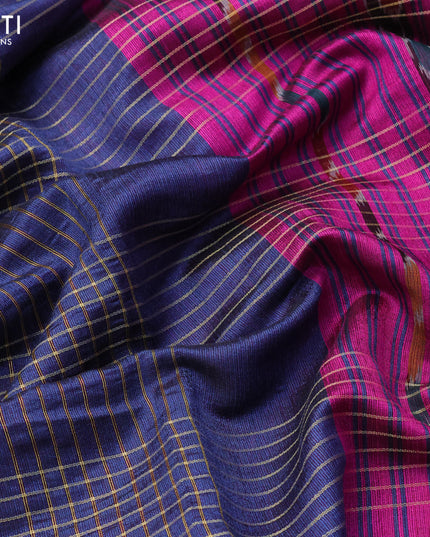 Dupion silk saree blue and magenta pink with allover zari weaves and temple design zari woven border