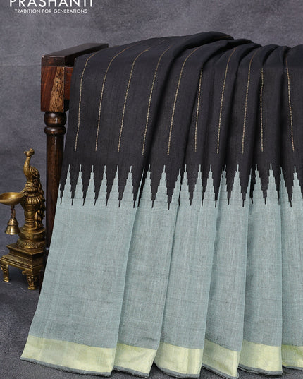 Dupion silk saree grey and black with allover silver zari woven stripes pattern and temple design zari woven border