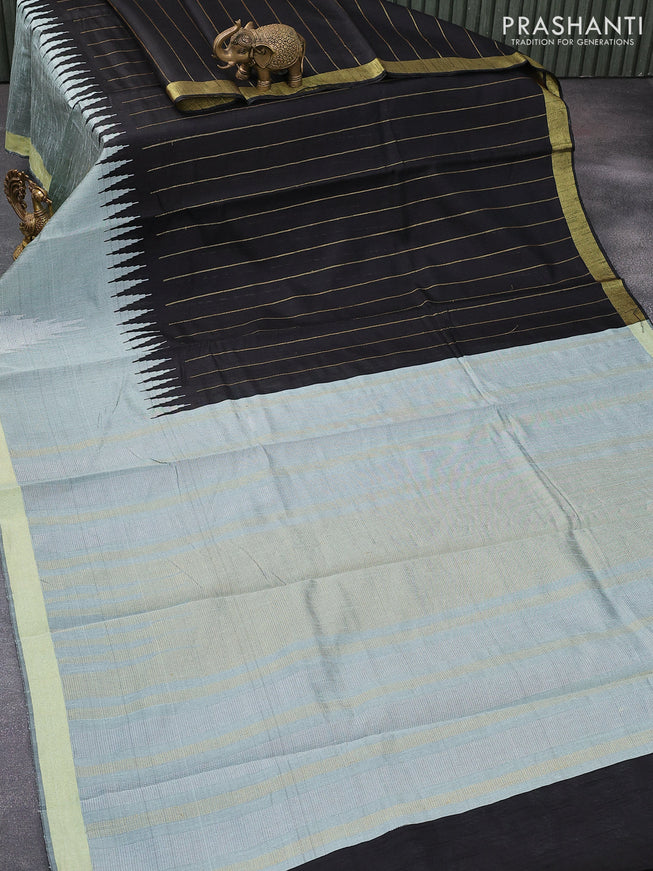 Dupion silk saree grey and black with allover silver zari woven stripes pattern and temple design zari woven border
