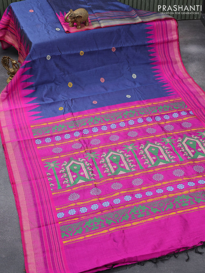 Dupion silk saree blue and pink with thread woven buttas and temple design zari woven border