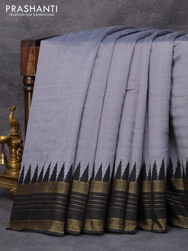 Dupion silk saree grey and black with plain body and temple design zari woven border