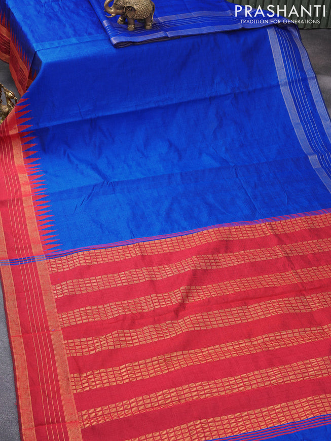 Dupion silk saree blue and maroon with plain body and temple design zari woven border