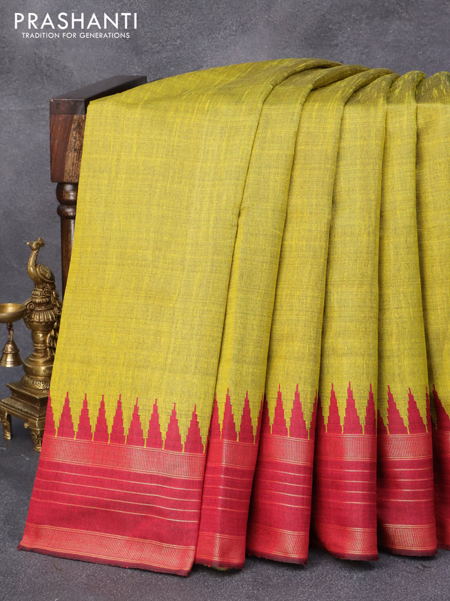 Dupion silk saree yellow and maroon with plain body and temple design zari woven border