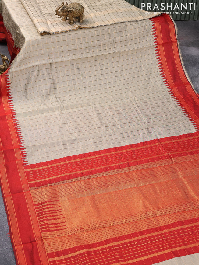 Dupion silk saree beige and maroon with allover zari checked pattern and temple design rettapet zari woven border