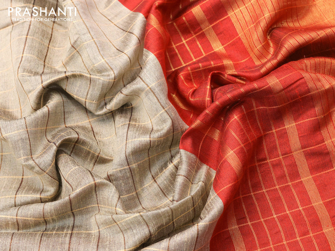 Dupion silk saree beige and maroon with allover zari checked pattern and temple design rettapet zari woven border