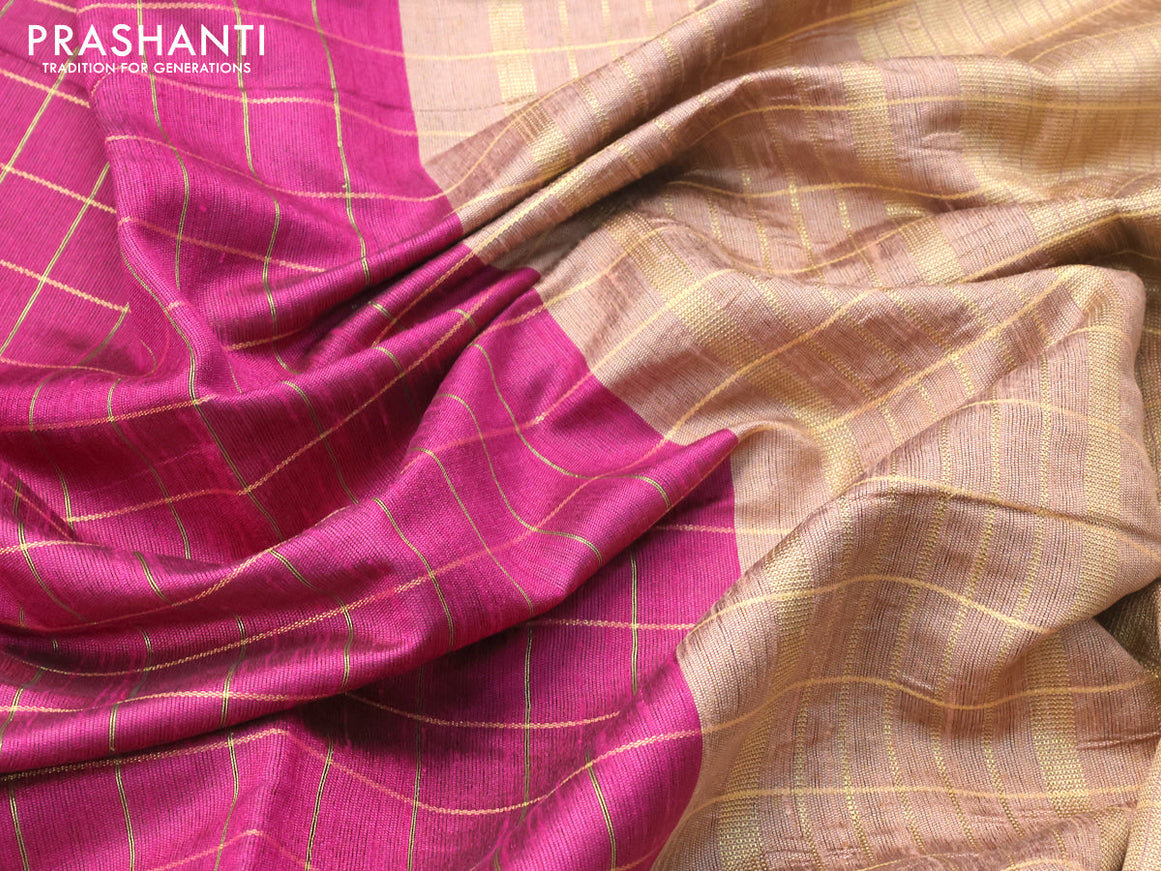 Dupion silk saree magenta pink and beige with allover zari checked pattern and temple design rettapet zari woven border