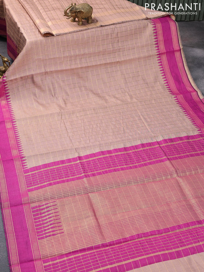 Dupion silk saree pastel brown and magenta pink with allover zari checked pattern and temple design rettapet zari woven border
