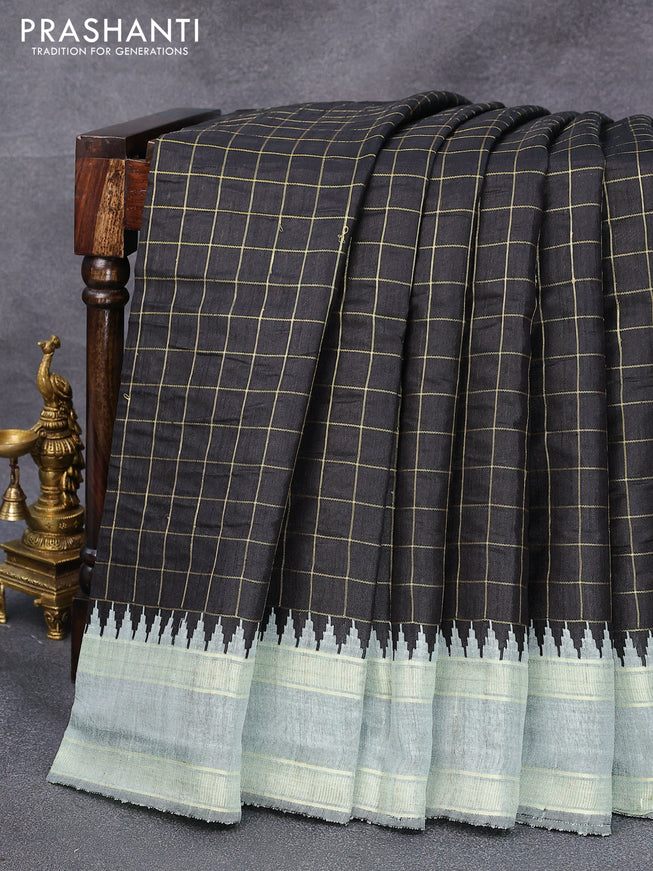 Dupion silk saree black and grey with allover zari checked pattern and temple design rettapet zari woven border