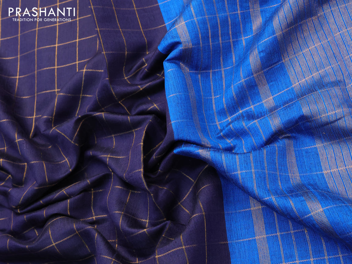 Dupion silk saree blue and cs blue with allover zari checked pattern and temple design rettapet zari woven border
