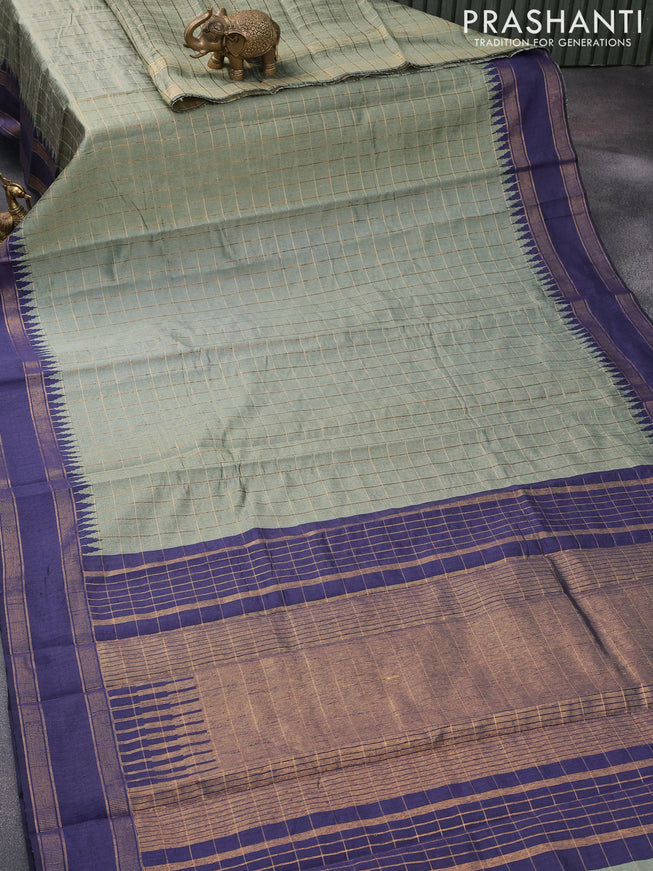 Dupion silk saree greyish green and blue with allover zari checked pattern and temple design rettapet zari woven border