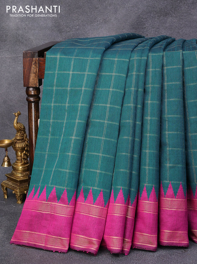 Dupion silk saree peacock green and magenta pink with allover zari checked pattern and temple design rettapet zari woven border