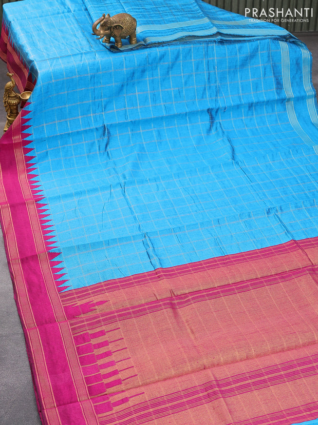 Dupion silk saree cs blue and magenta pink with allover zari checked pattern and temple design rettapet zari woven border