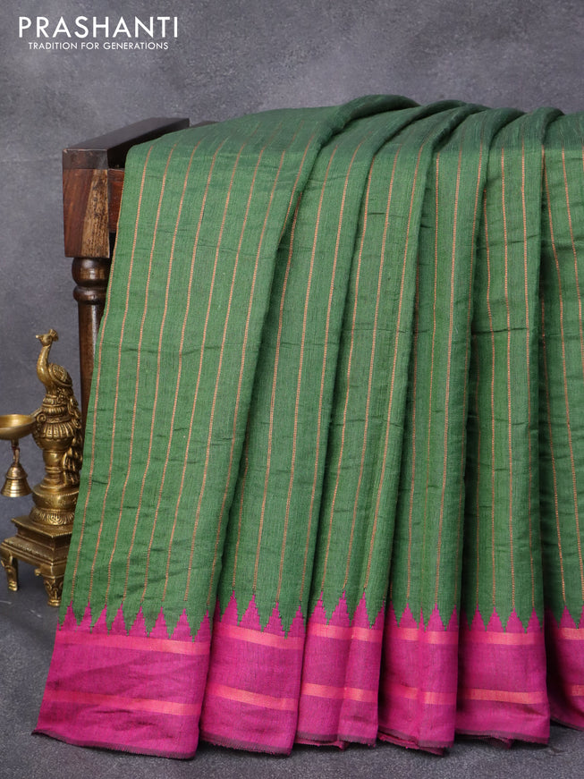 Dupion silk saree green and magenta pink with allover copper zari weaves and temple design rettapet zari woven border