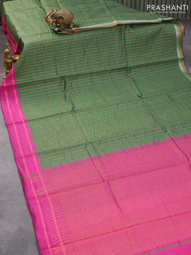 Dupion silk saree green and magenta pink with allover copper zari weaves and temple design rettapet zari woven border