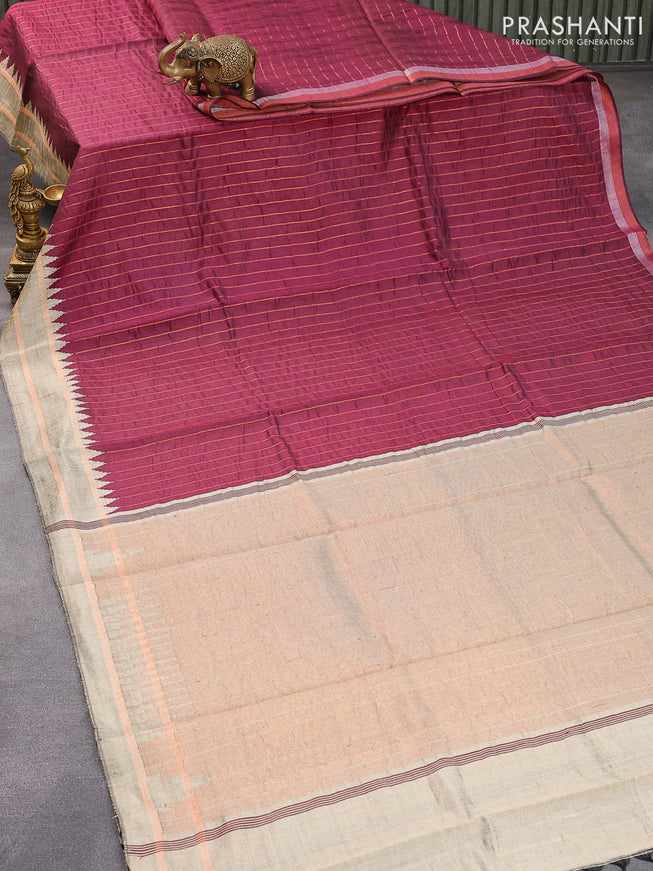 Dupion silk saree maroon and beige with allover copper zari weaves and temple design rettapet zari woven border