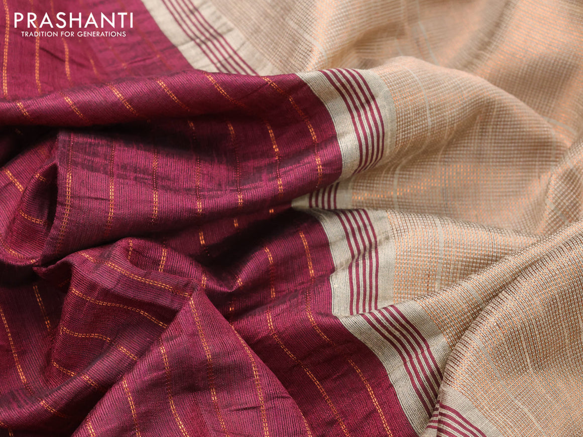 Dupion silk saree maroon and beige with allover copper zari weaves and temple design rettapet zari woven border