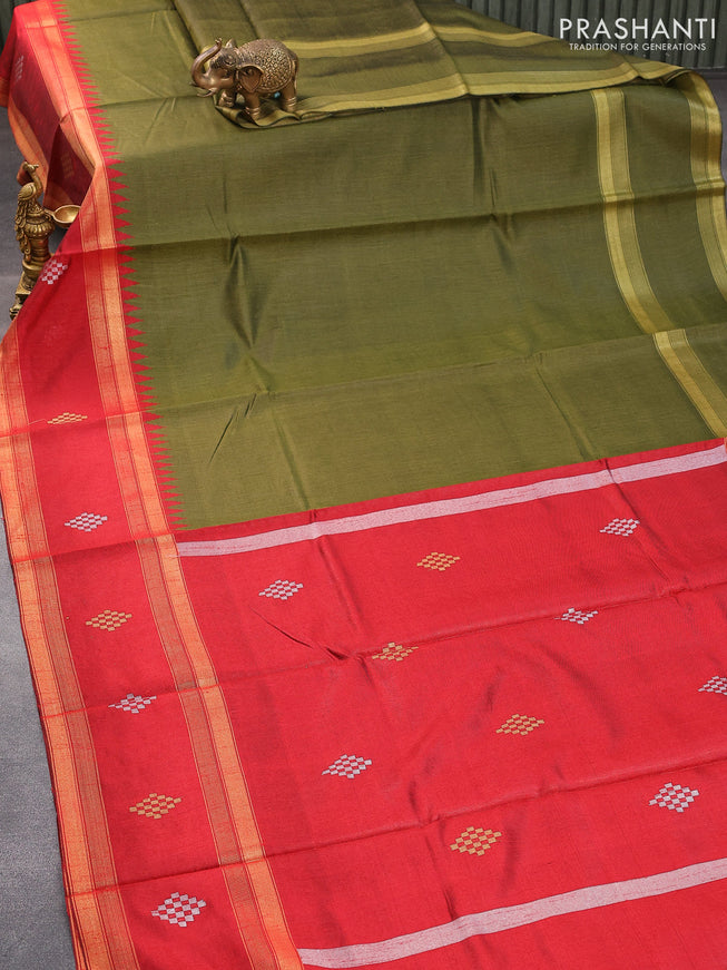 Dupion silk saree sap green and red with plain body and temple design rettapet zari woven butta border
