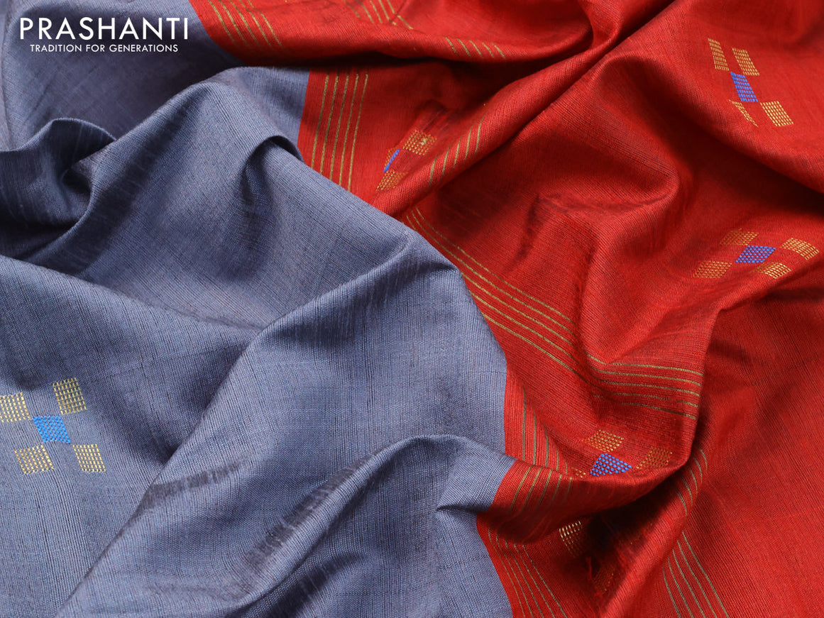 Dupion silk saree grey and red with zari woven buttas and temple design zari woven border