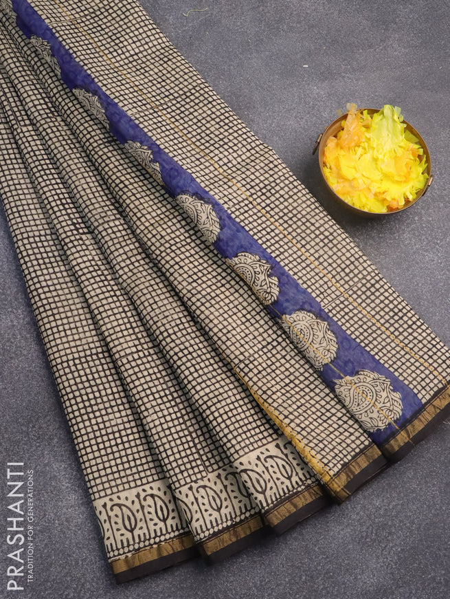 Chanderi bagru saree beige and black with allover checked pattern and zari woven border