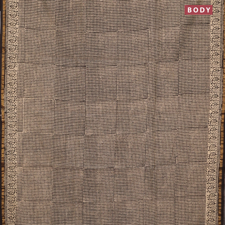 Chanderi bagru saree beige and black with allover checked pattern and zari woven border