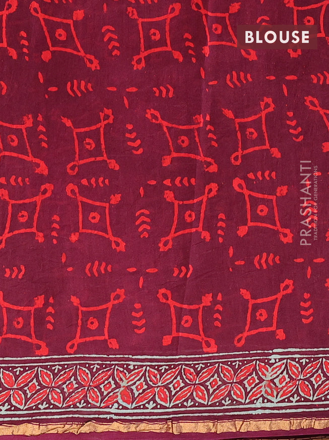 Chanderi bagru saree maroon with allover prints and zari woven border