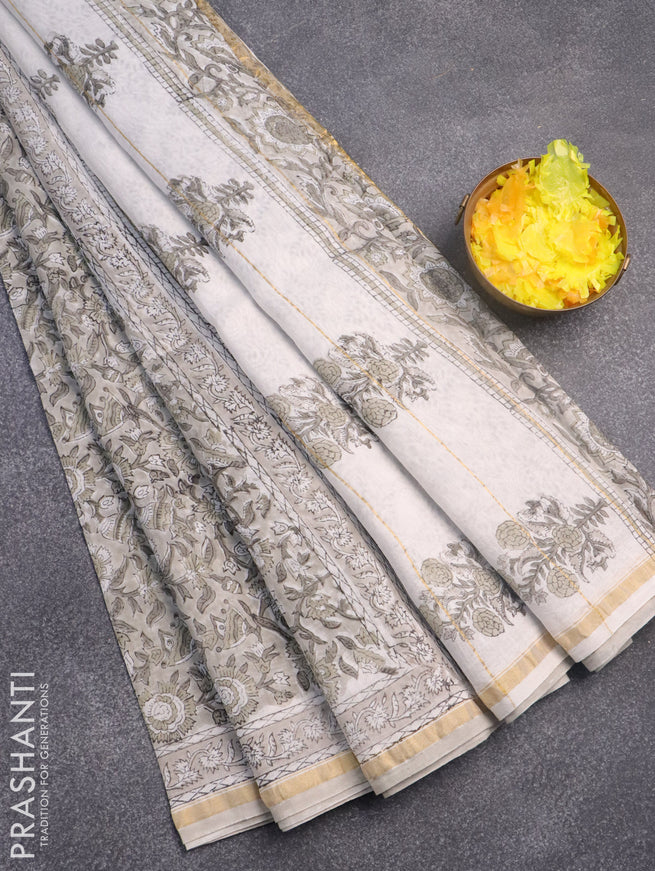 Chanderi bagru saree grey shade with allover prints and zari woven border