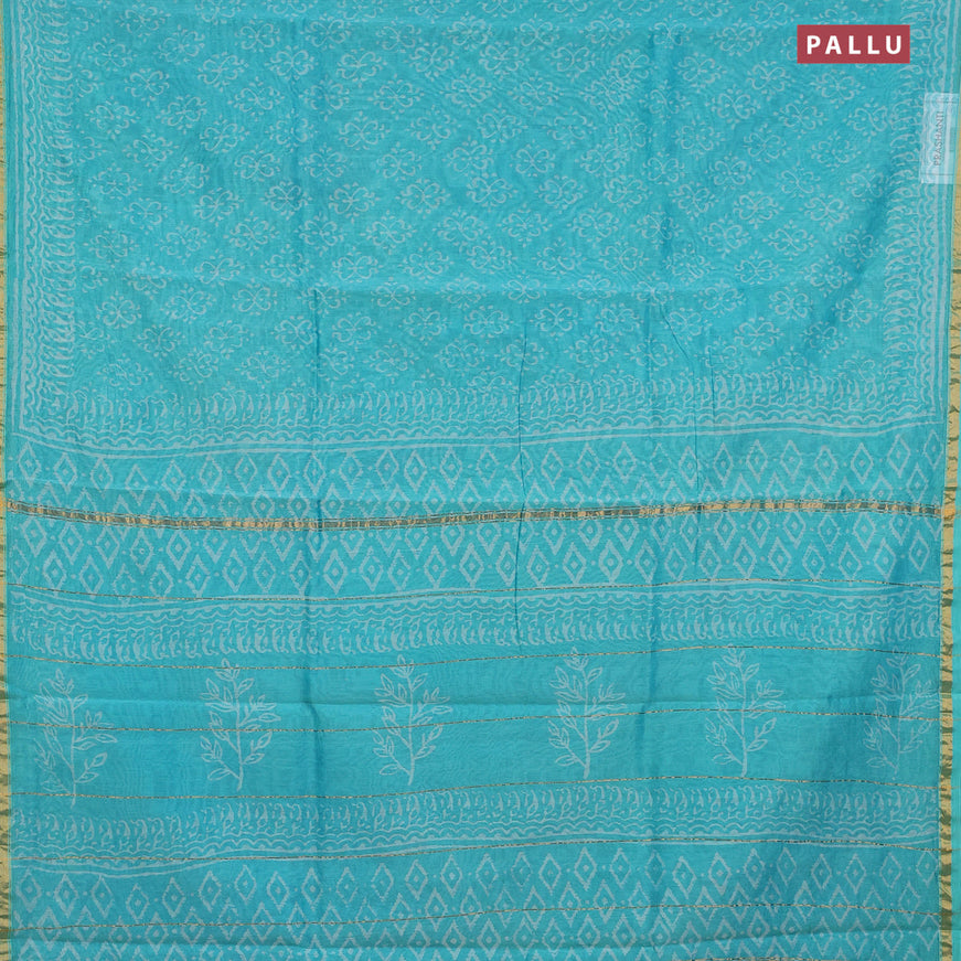 Chanderi bagru saree teal blue with allover prints and zari woven border